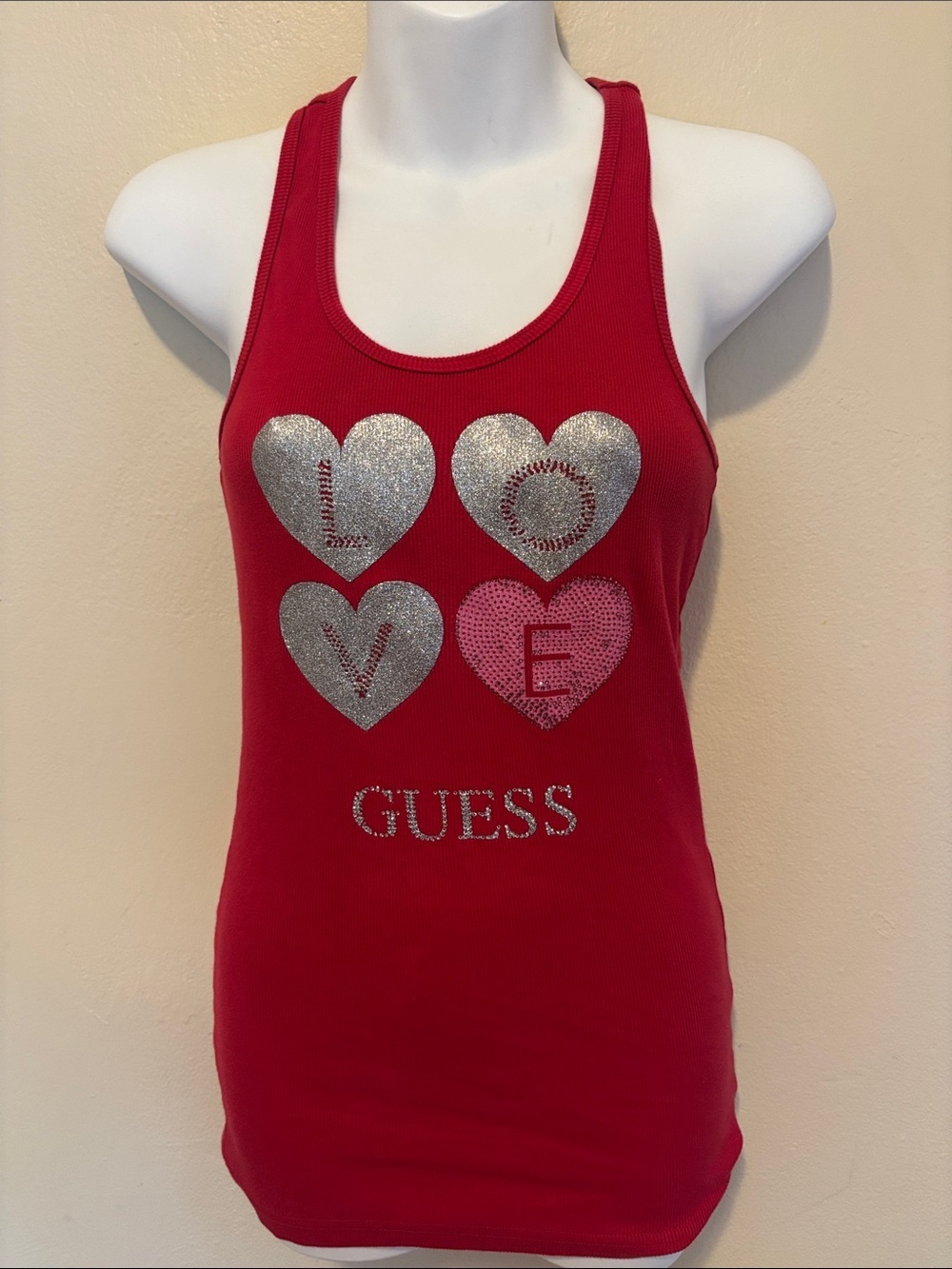 GUESS Red Tank Top with Silver & Pink Sequin Hearts
